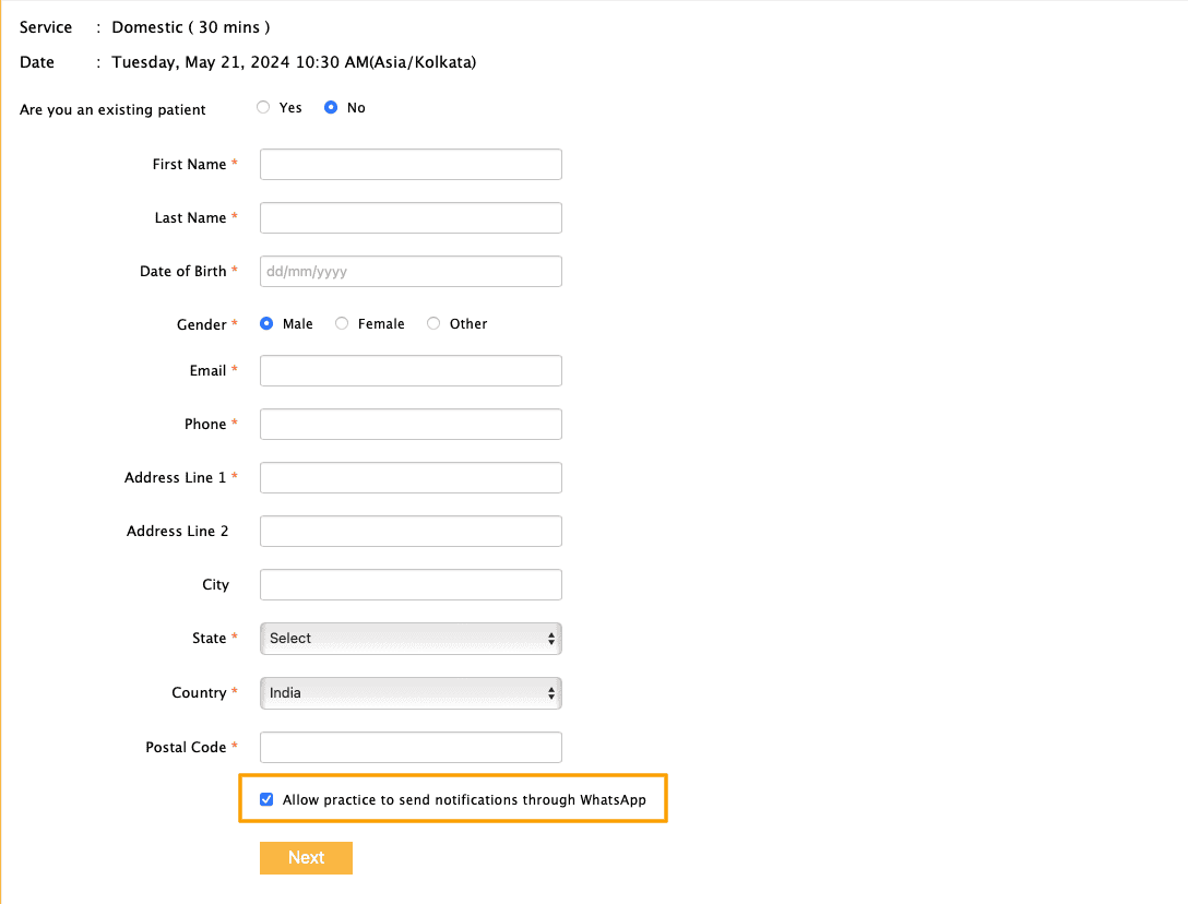 Allow practice to send notifications through WhatsApp