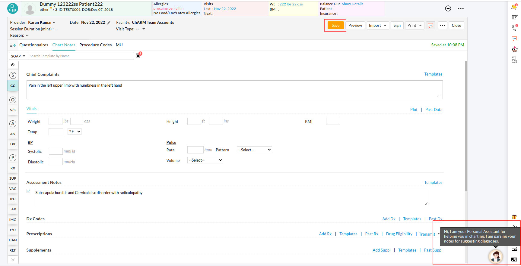 Chart Note Assist Option