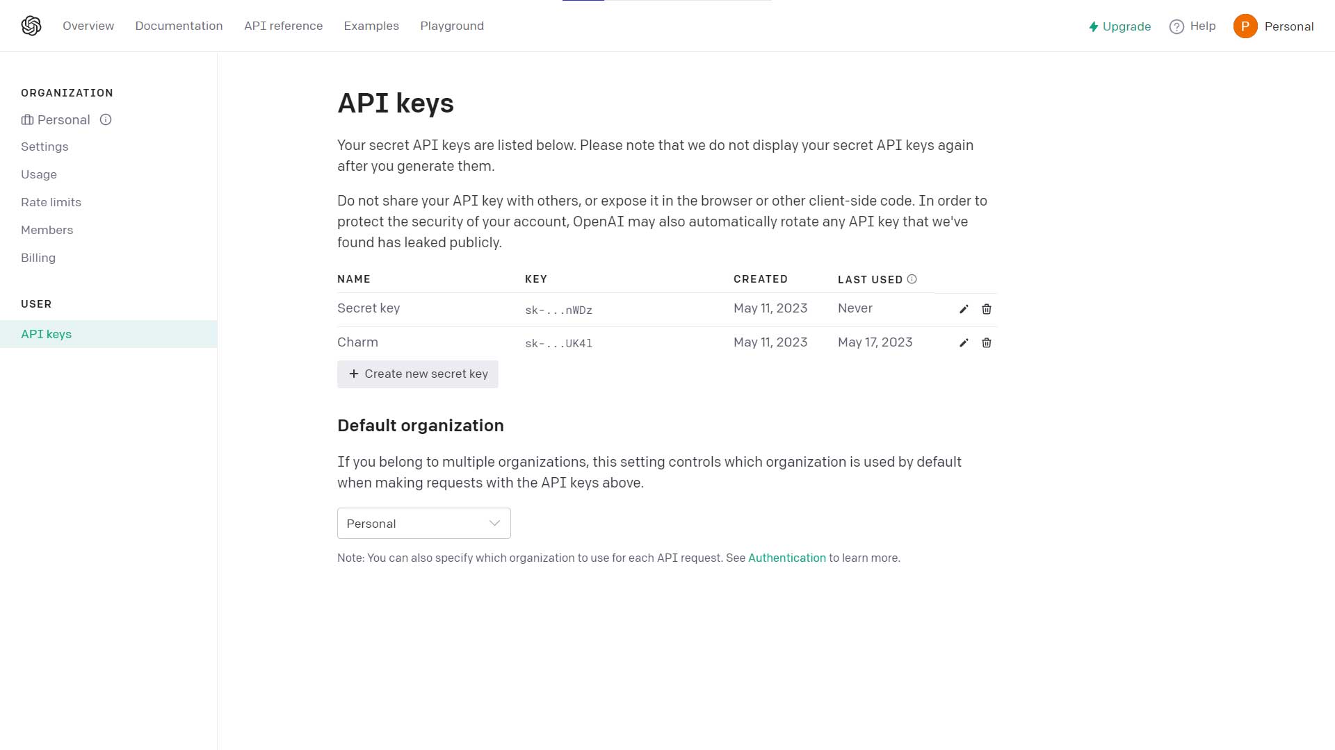 Create New Secret Key