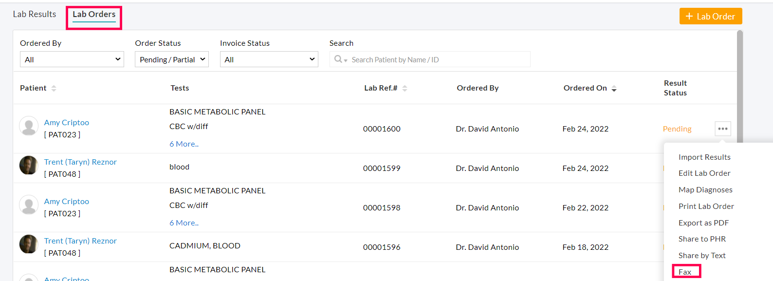 Fax Lab Orders Option