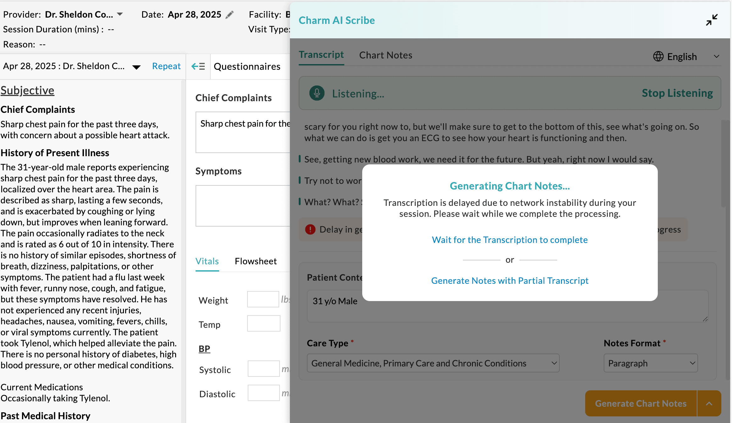 Generate Chart Note During Network Issues