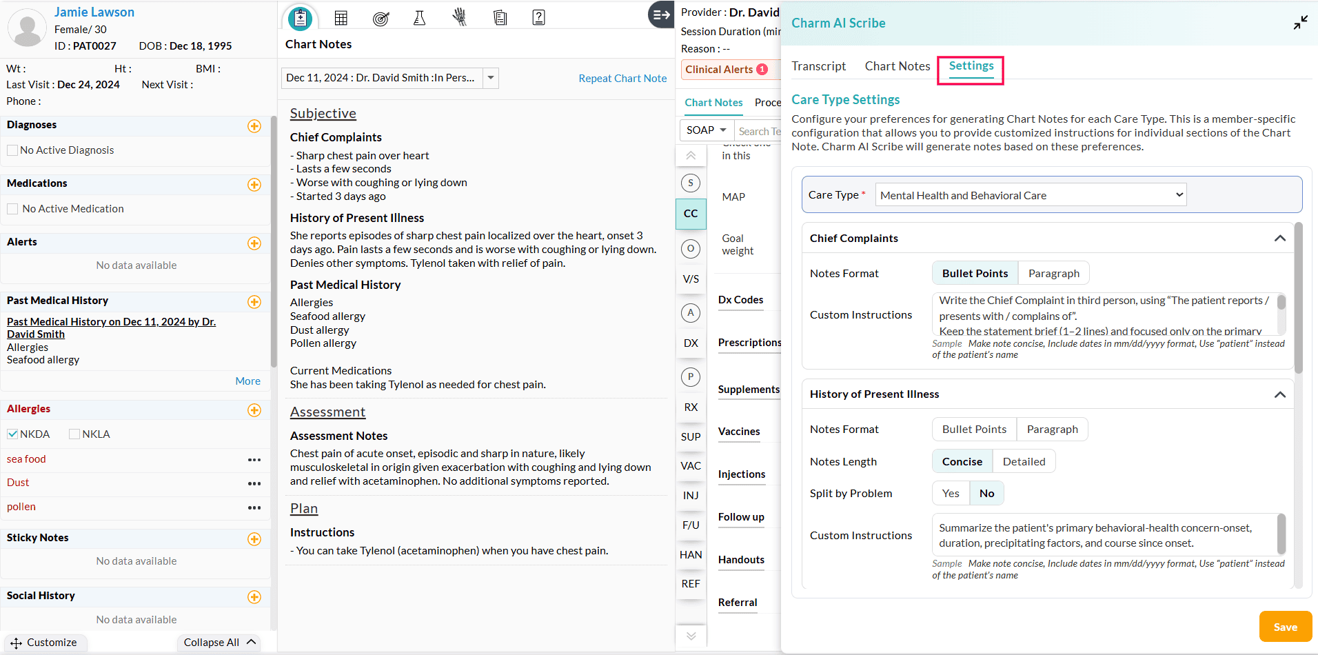 New Charm AI Cribe Settings