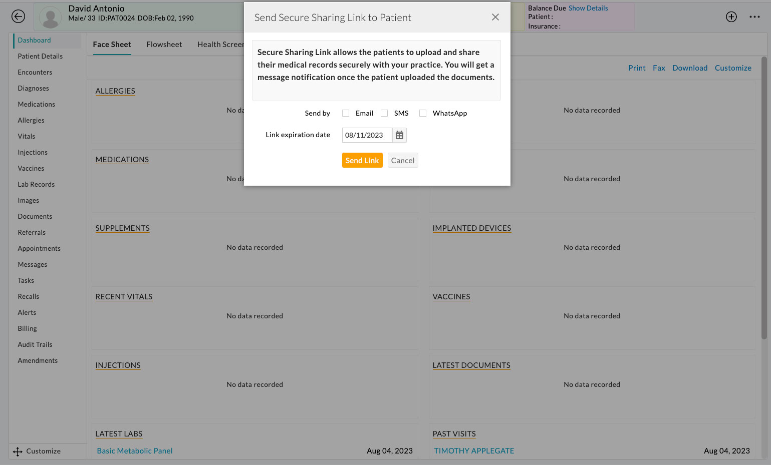 Send Secure Sharing Link to Patient