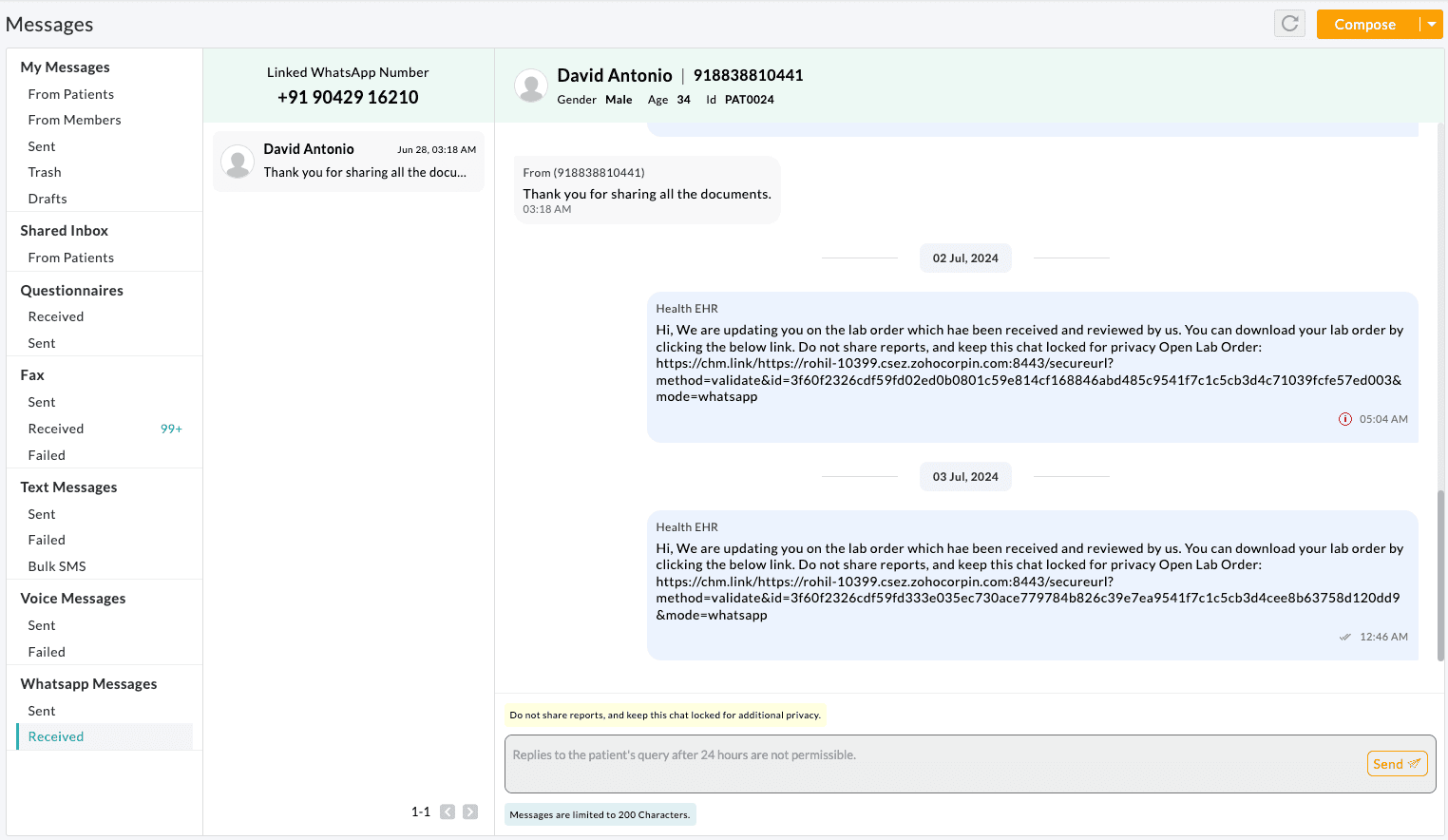 WhatsApp Messages View