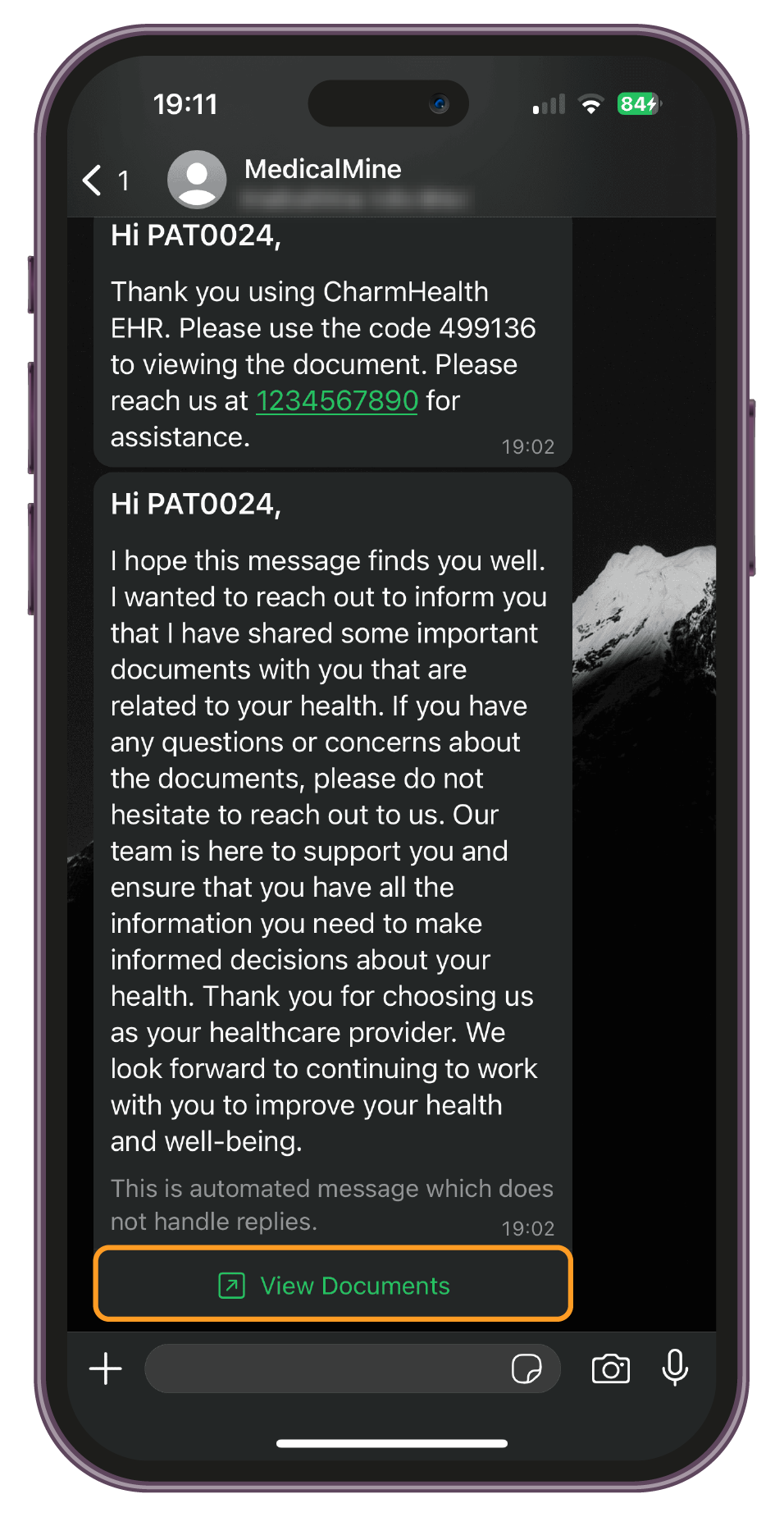 WhatsApp Notification Message to Patient Mobile