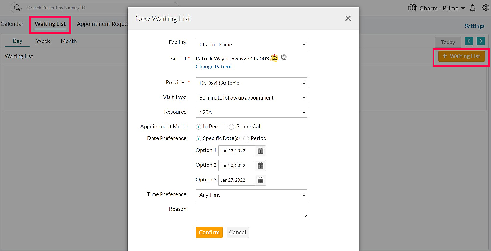 Add New Waiting List Appointment