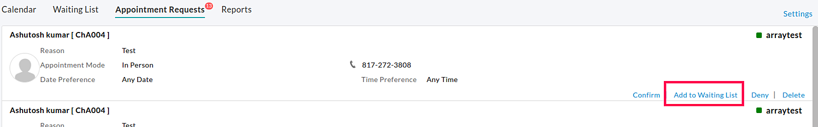 Add to Appointment Waiting List