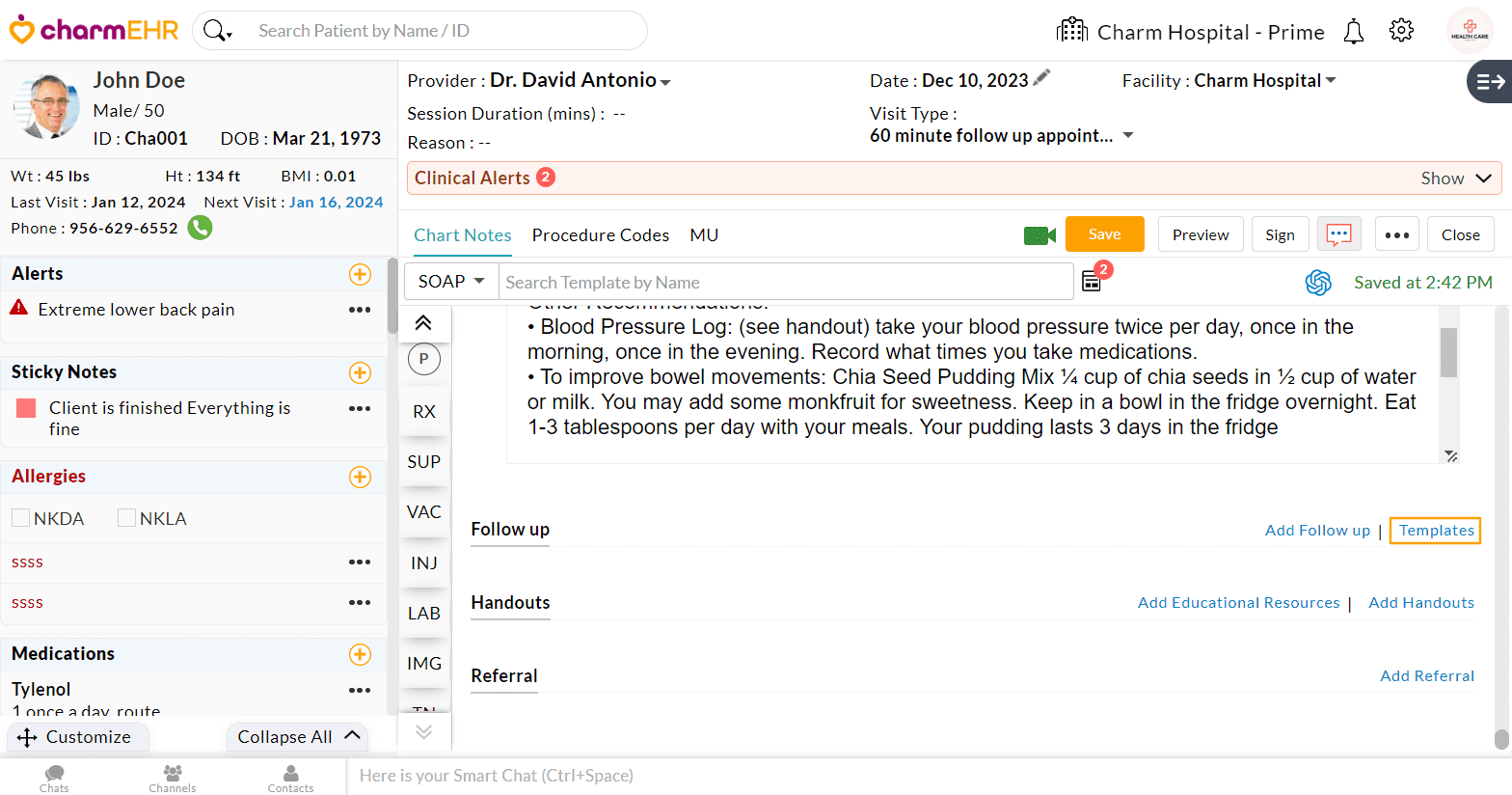 Recall Add Template Chart Notes