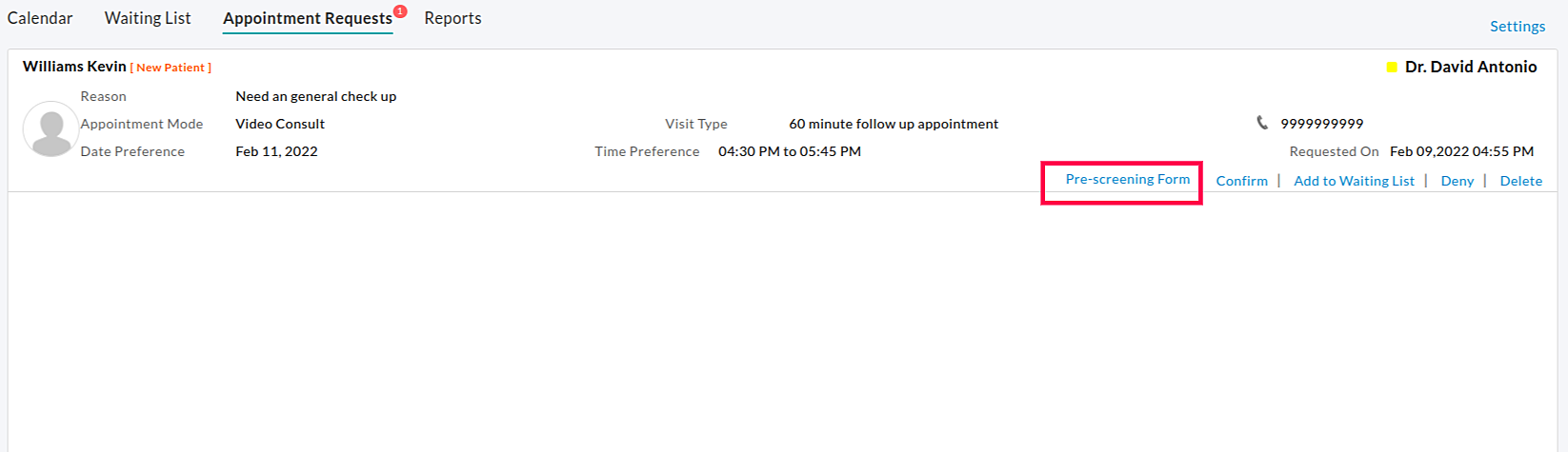 View Pre-screening Form Option