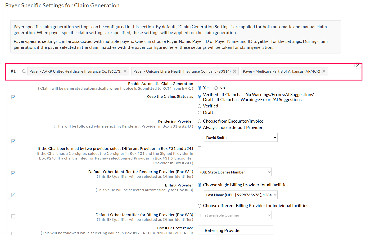 Payer-Specific Claim Generation Settings