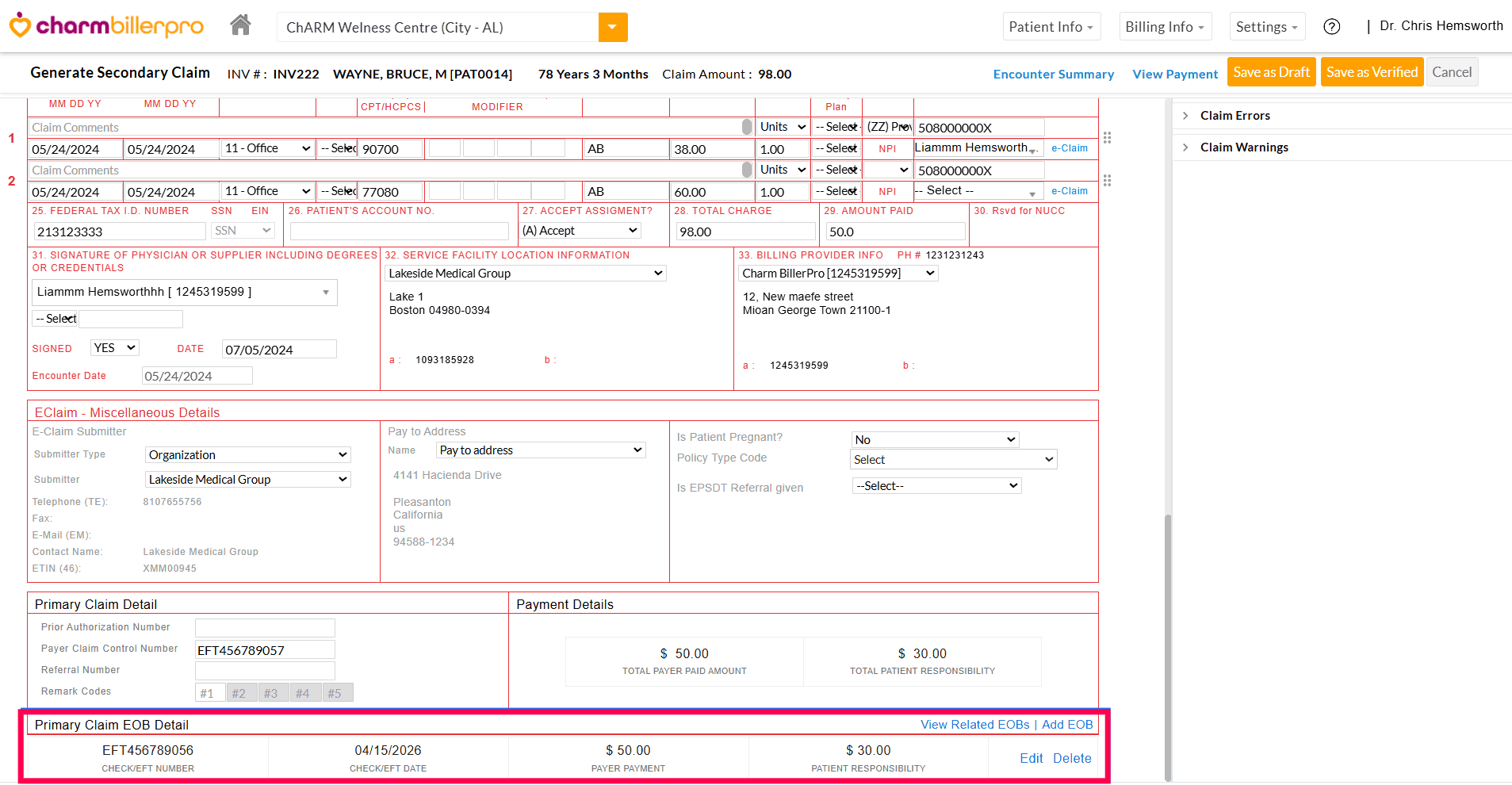 Secondary Claim with Primary Claim Details
