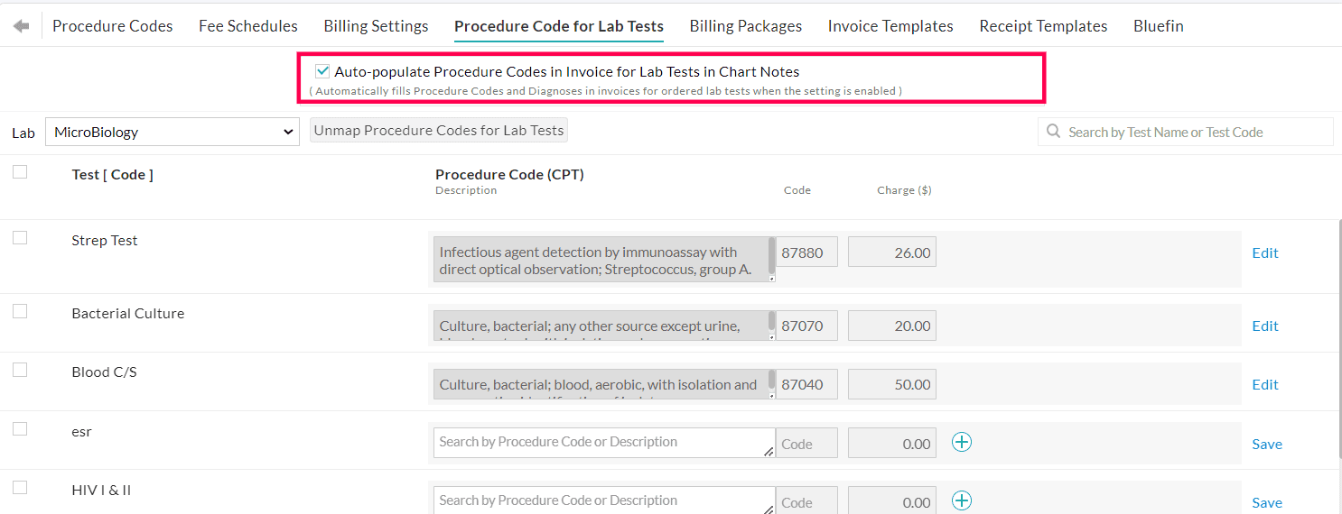Auto Populate Procedure Codes in Invoice Setting