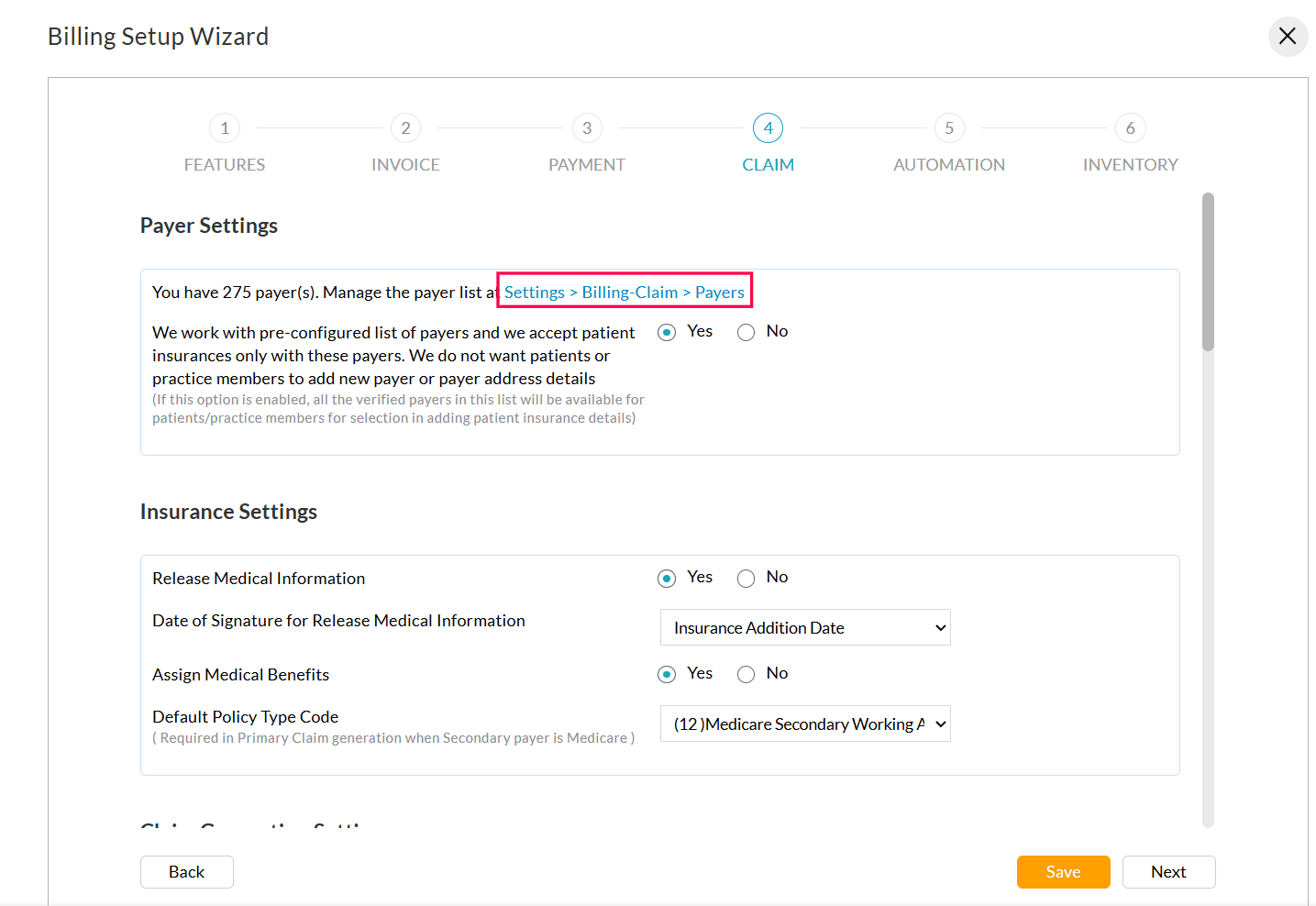 Billing Setup Wizard Manage Payer List