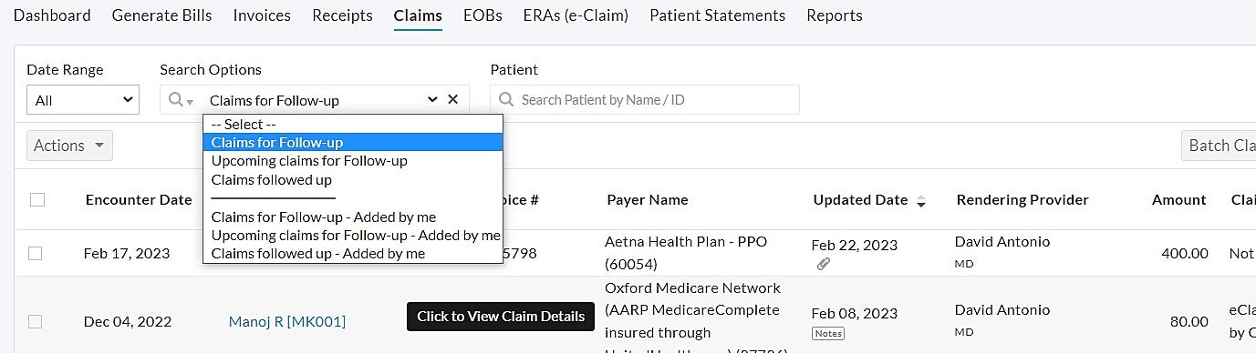 Claim Follow Up Option Claim Follow Up Option