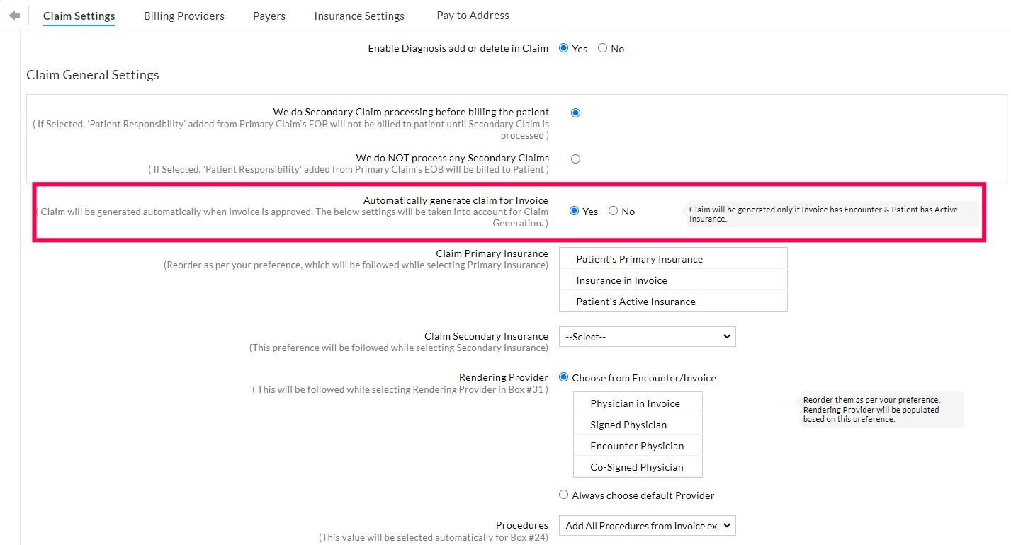 Claim Generation Settings