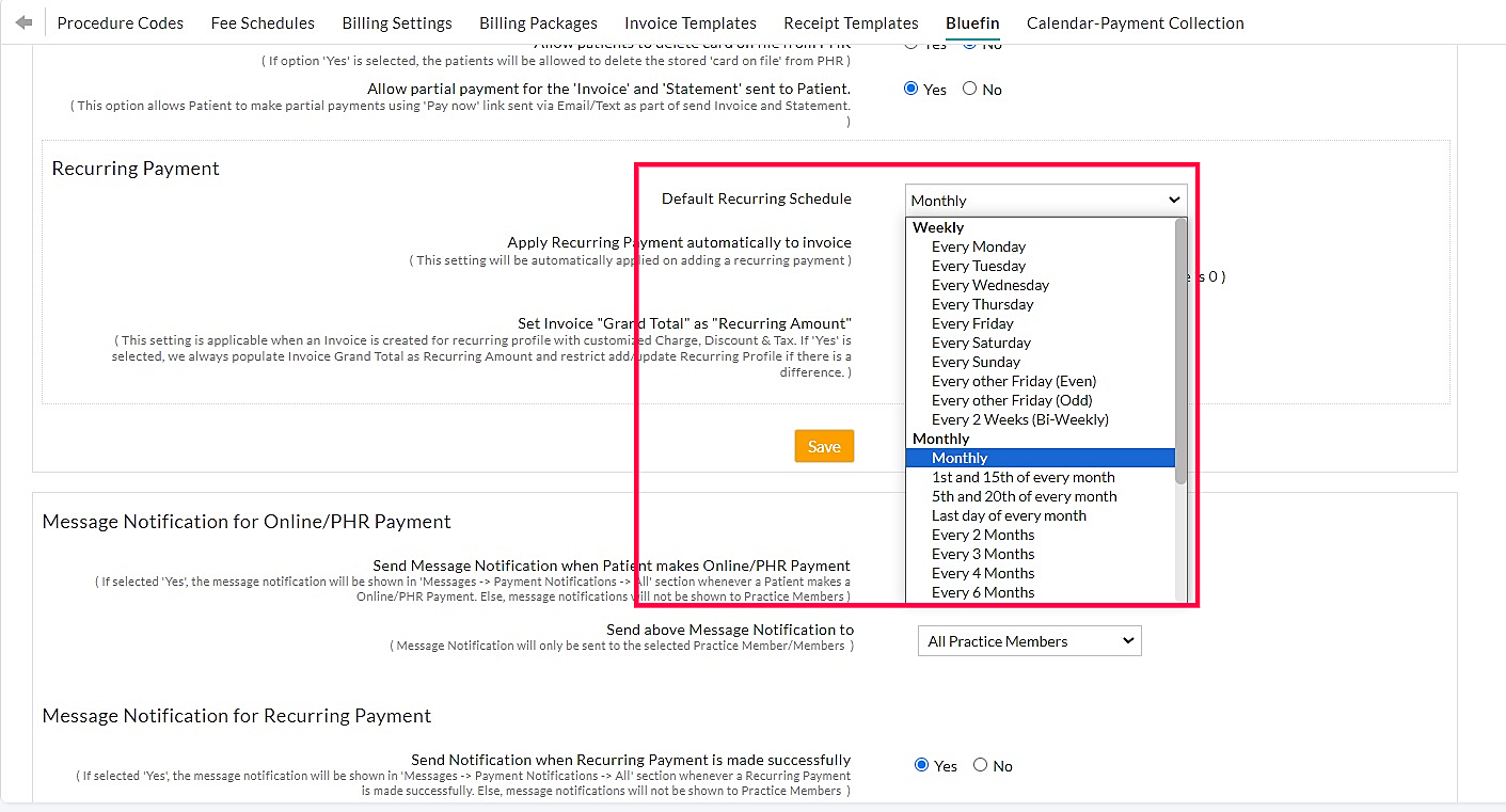 Default Recurring Schedule Settings