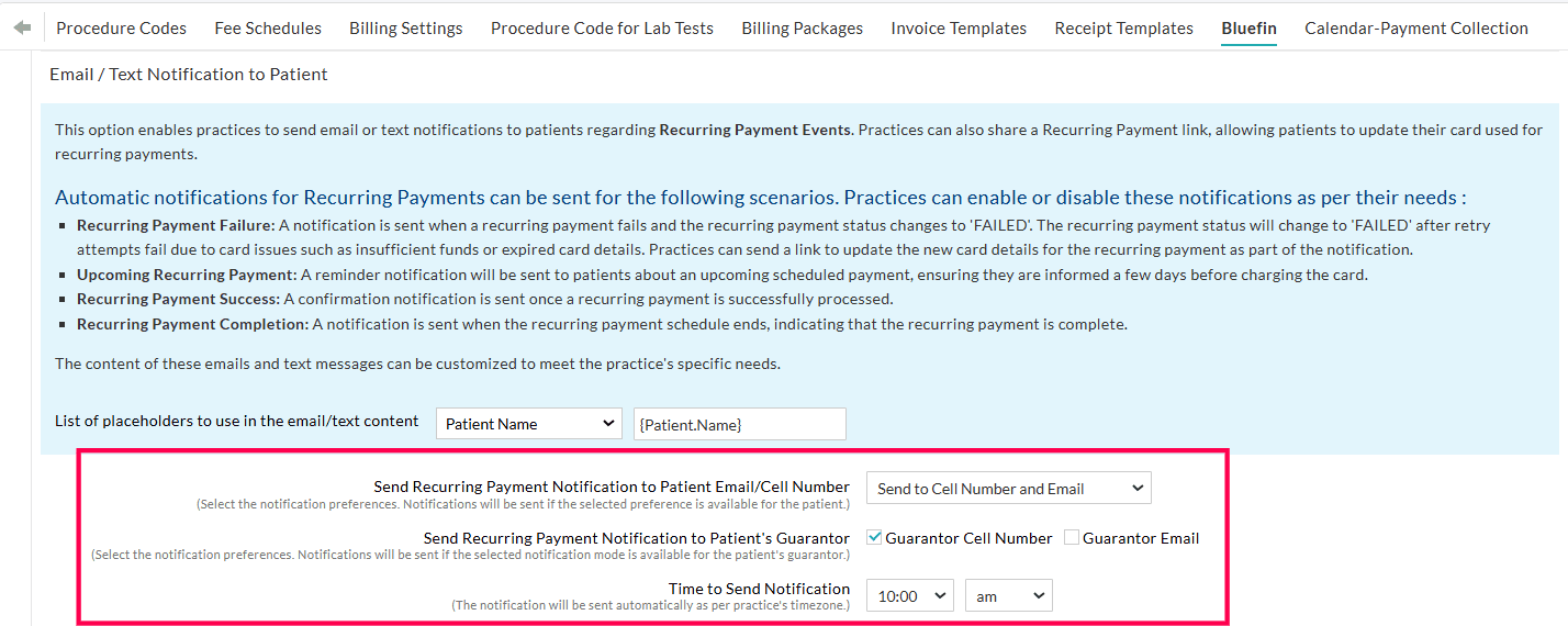 Defauult Bluefin Settings for Email Text Messages