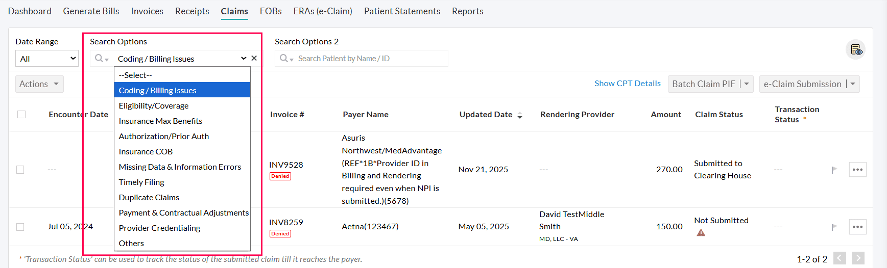 Denial Category Filter