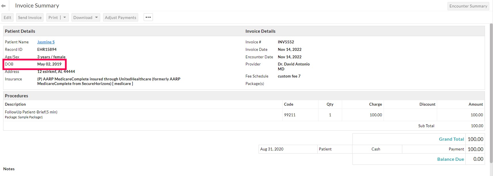 DOB in the Invoice Summary
