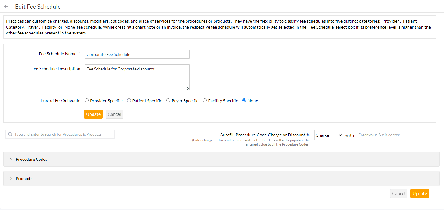 Edit Fee Schedule Edit Fee Schedule