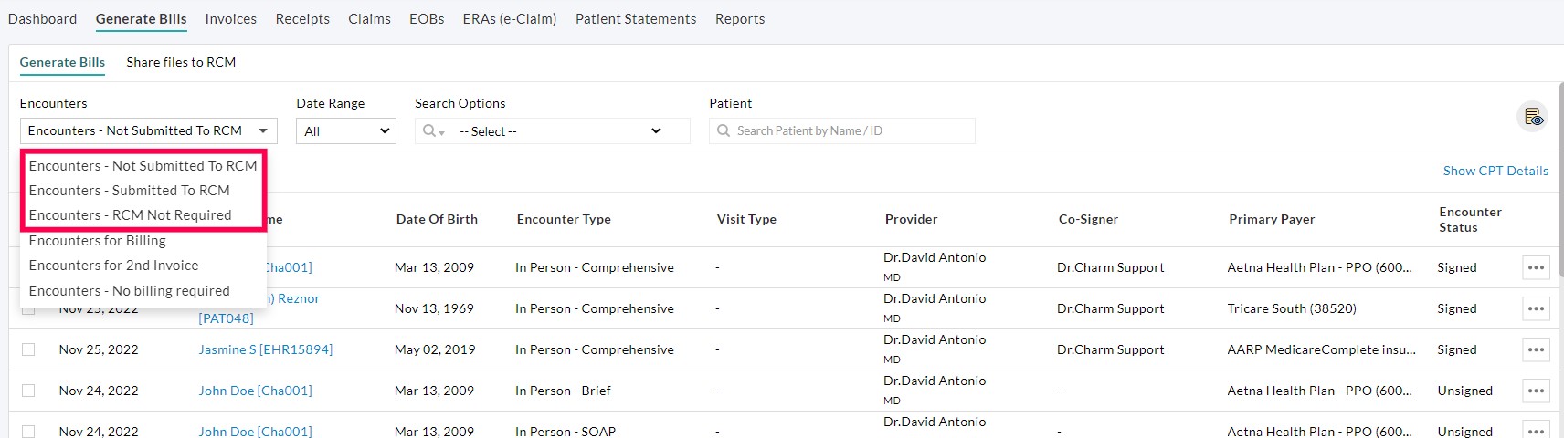 Encounters Submitted to RCM