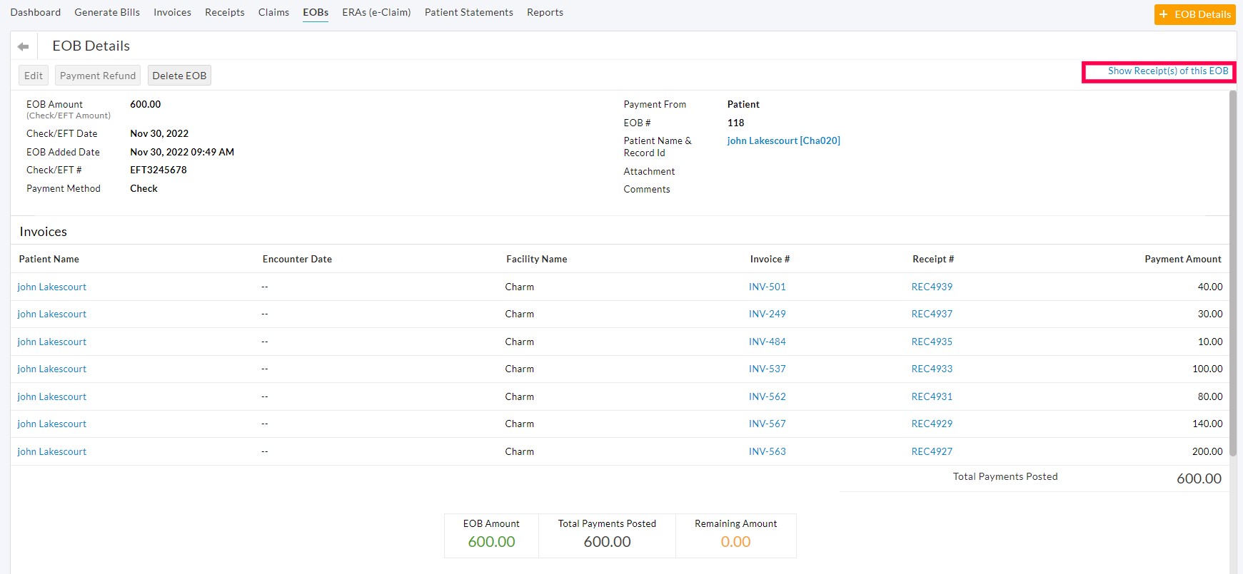 EOB Show Receipts EOB Show Receipts