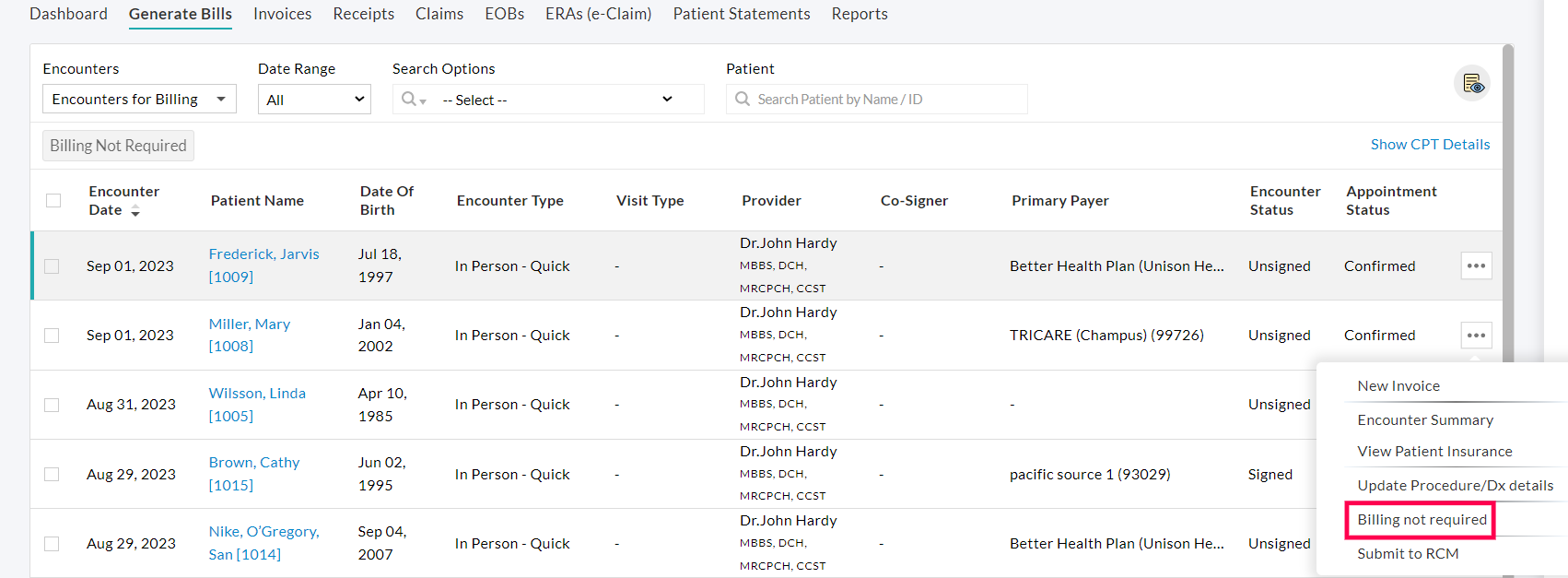 Generate Bills Billing Not Required