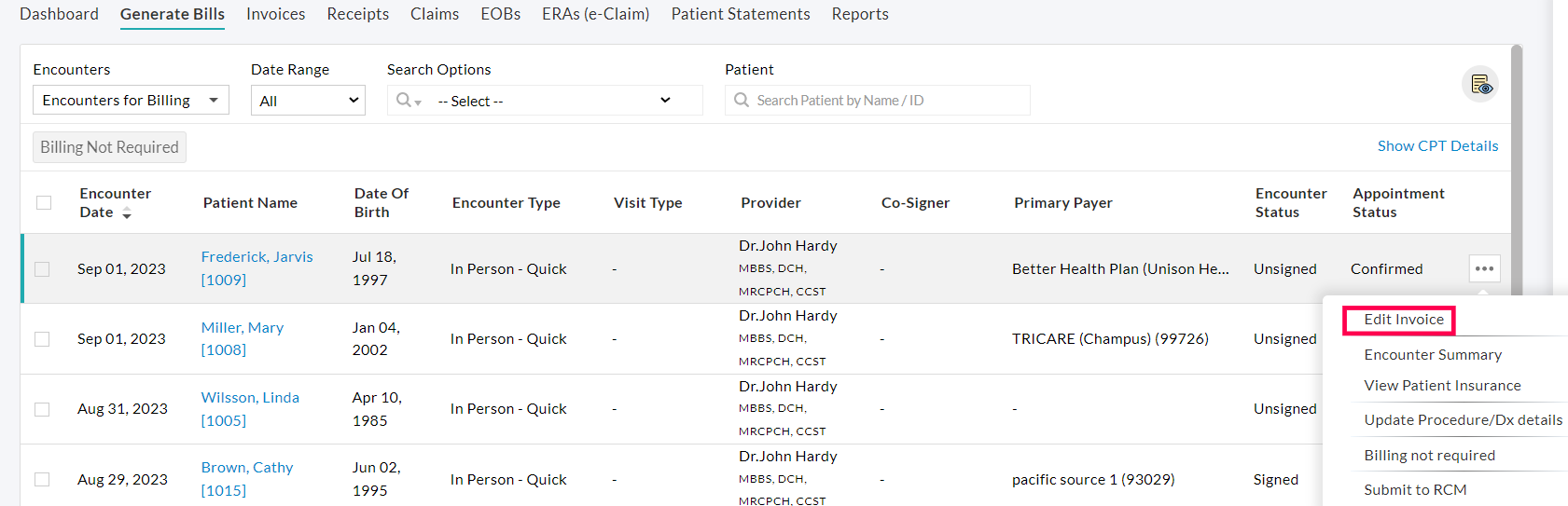 Generate Bills Edit Invoice