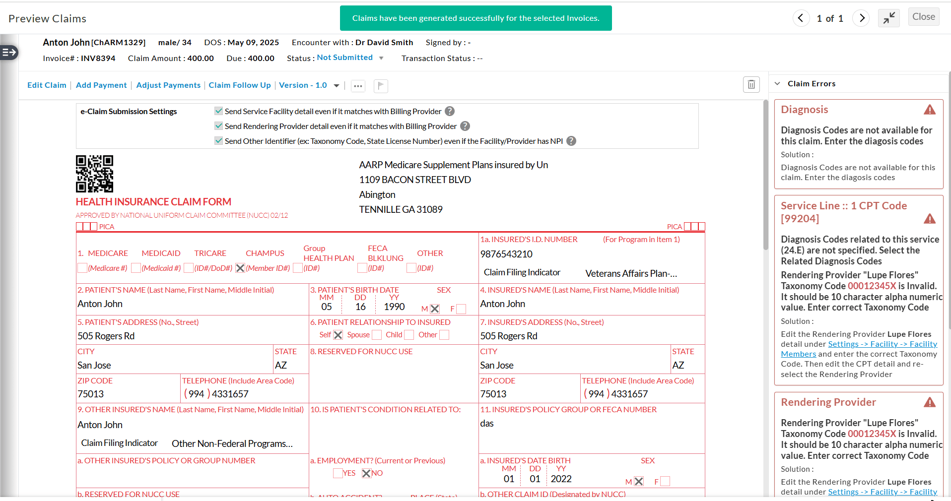 Generate Claim CMS1500 in Claim Section