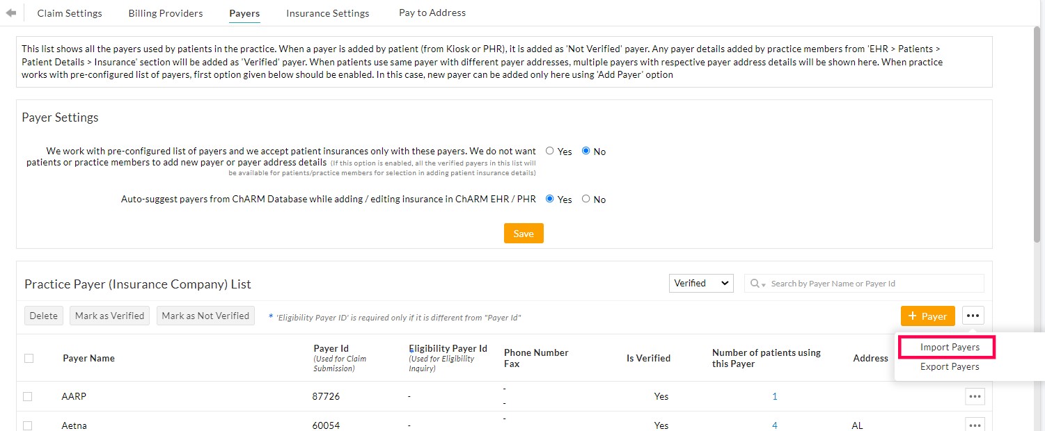 Import Payers Option Import Payers Option