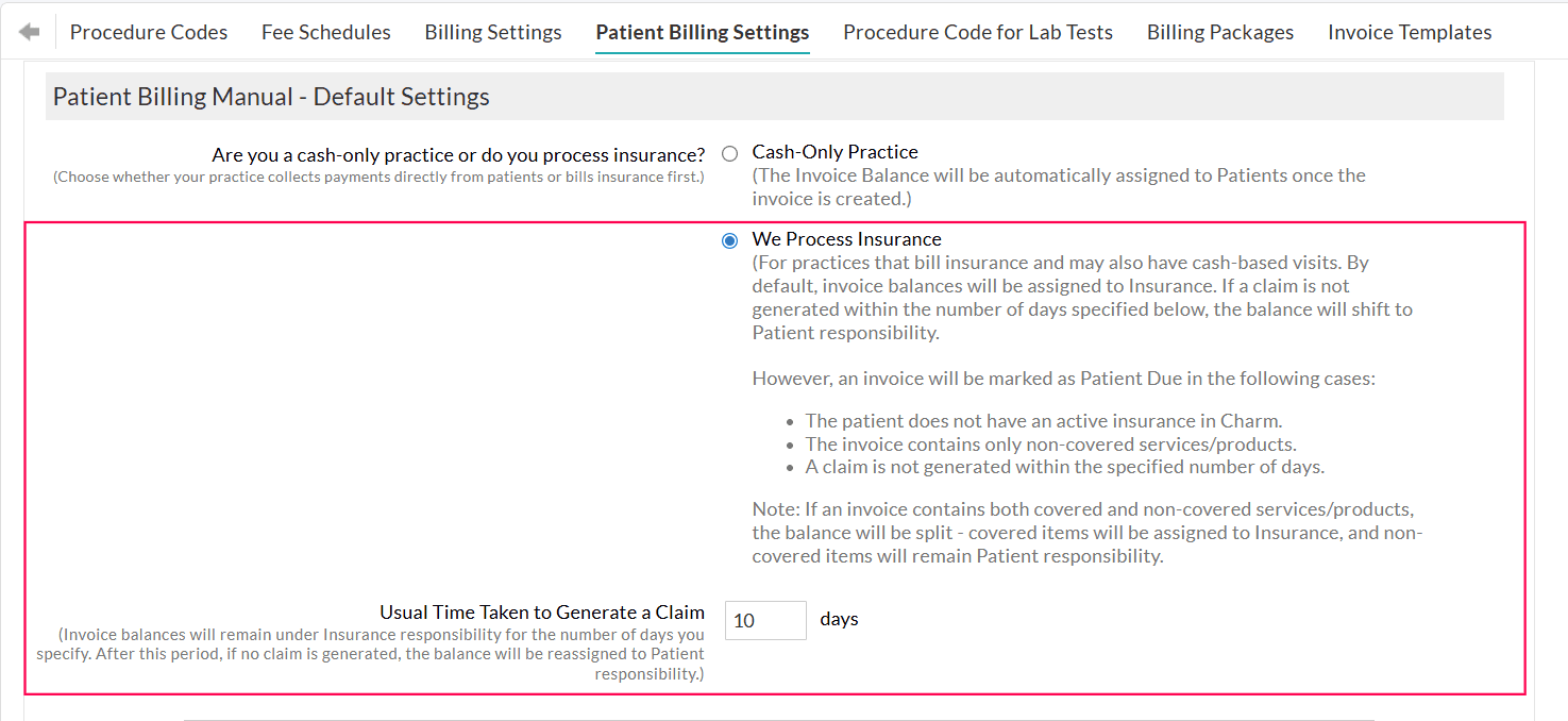 Insurance Based Practices Setting