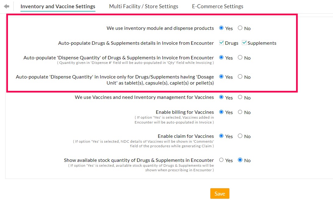 Inventory and Vaccine Settings