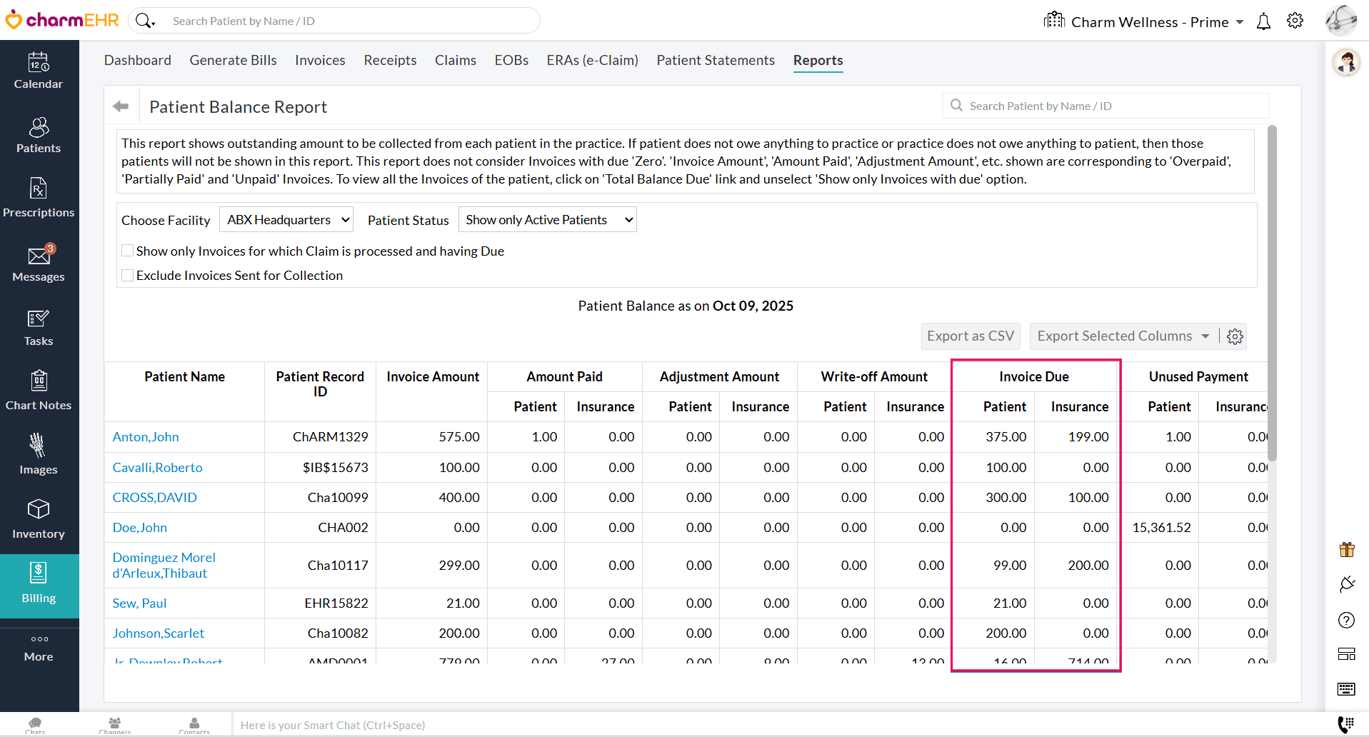 Invoice Due Patient Billing Report