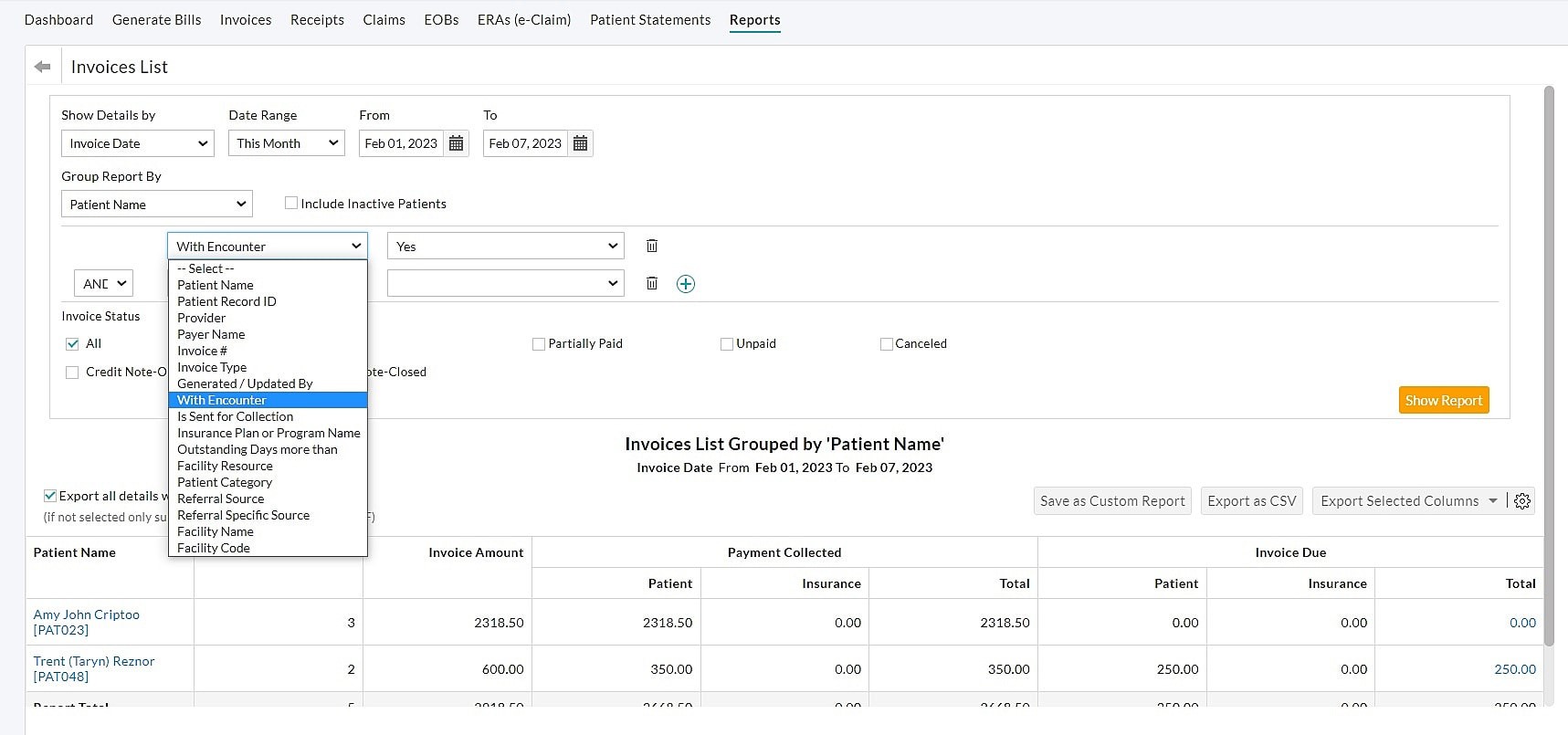 Invoice Reports Filter