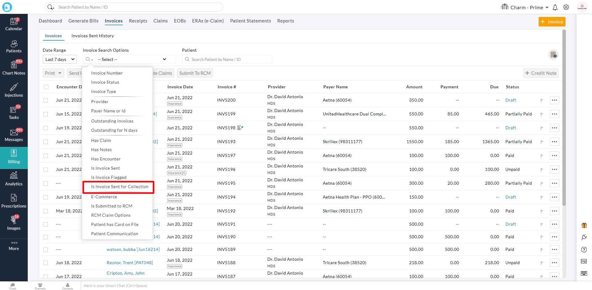 Invoice Search Ontions
