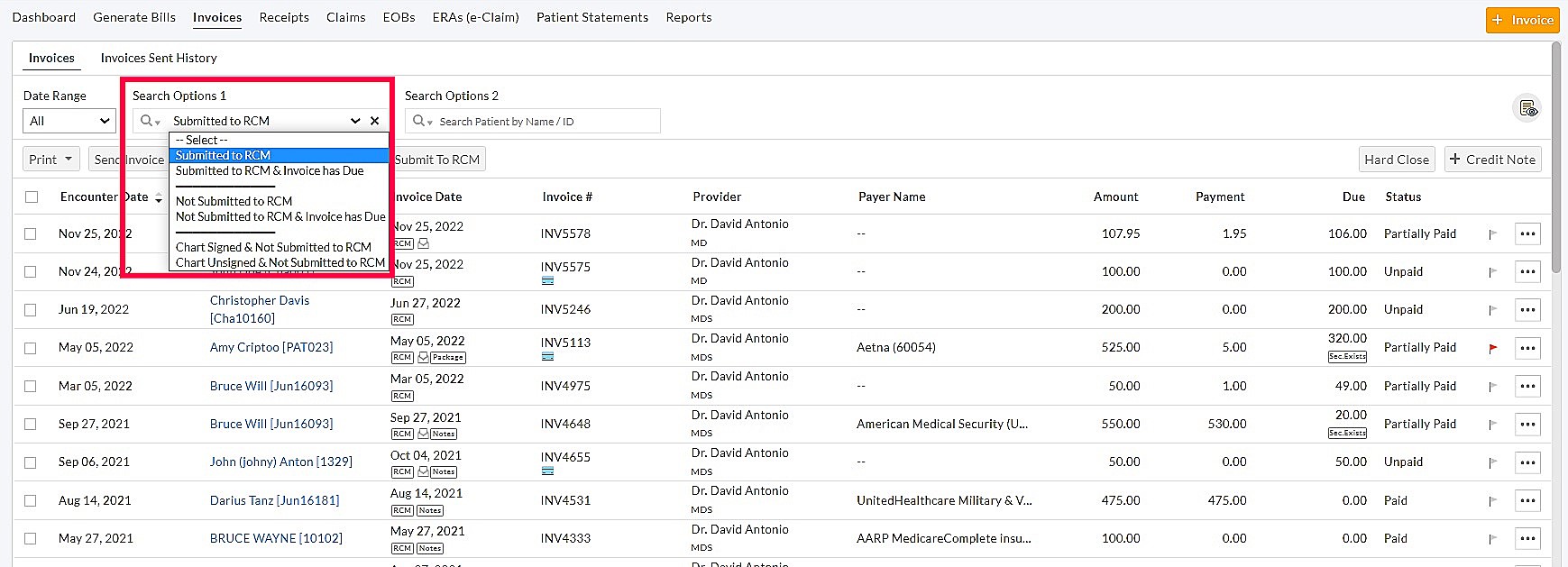 Invoice Search Options