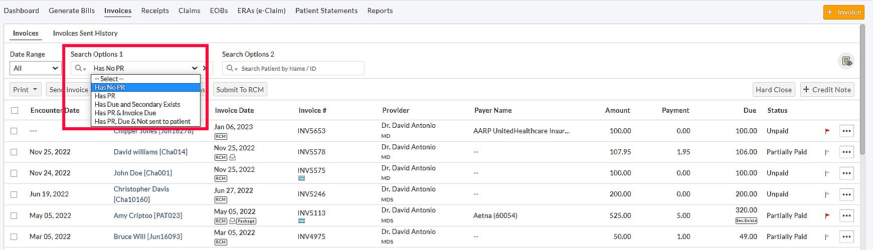 Invoice Search Options