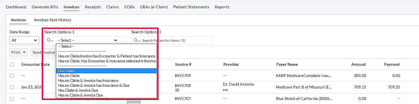 Invoice Search Options - Has Claim