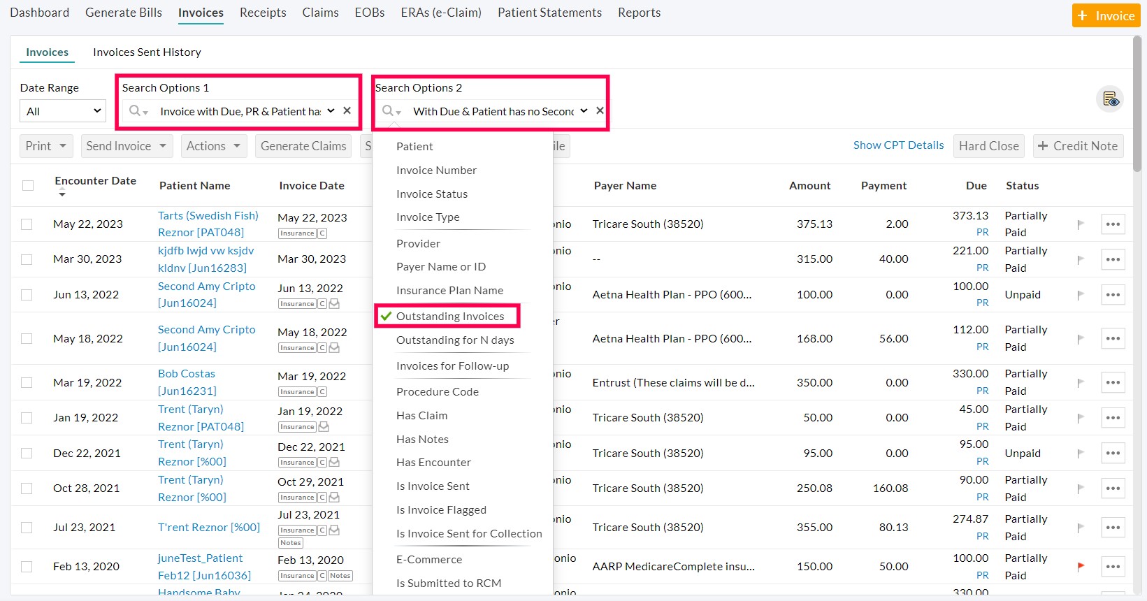 Invoice Search Options