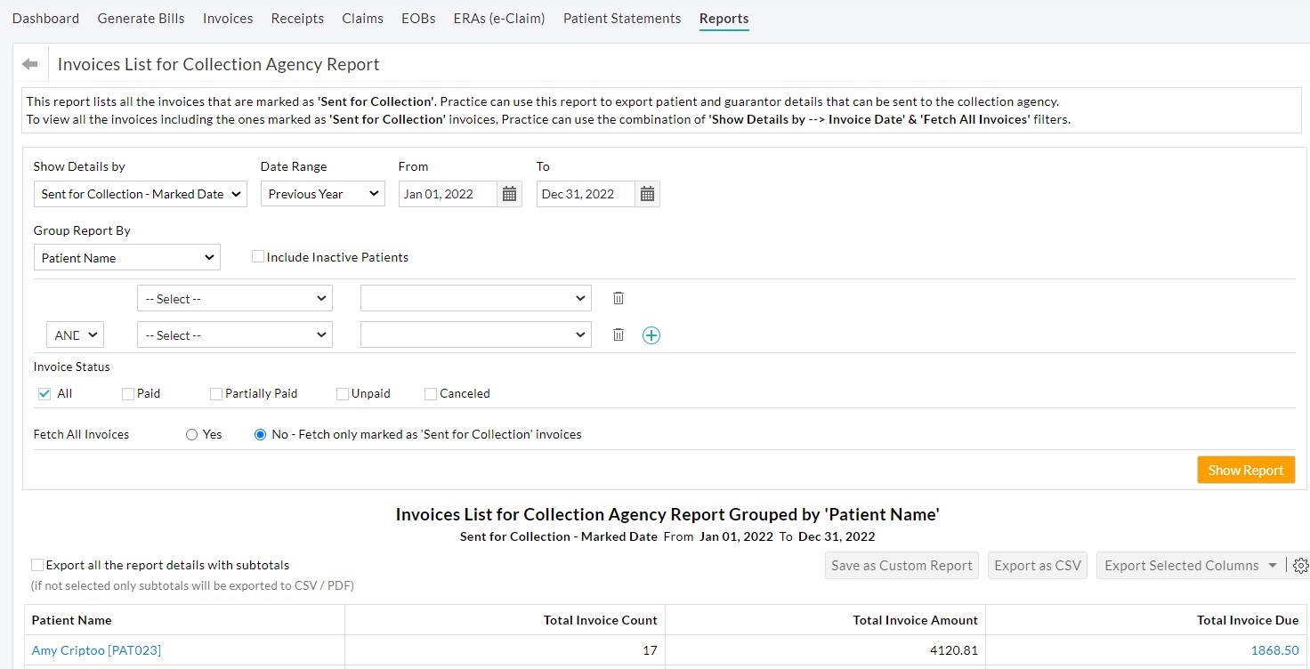 Invoices List for Collection Agency Report
