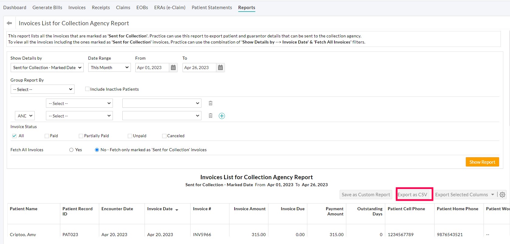 Invoices List for Collection Agency Report