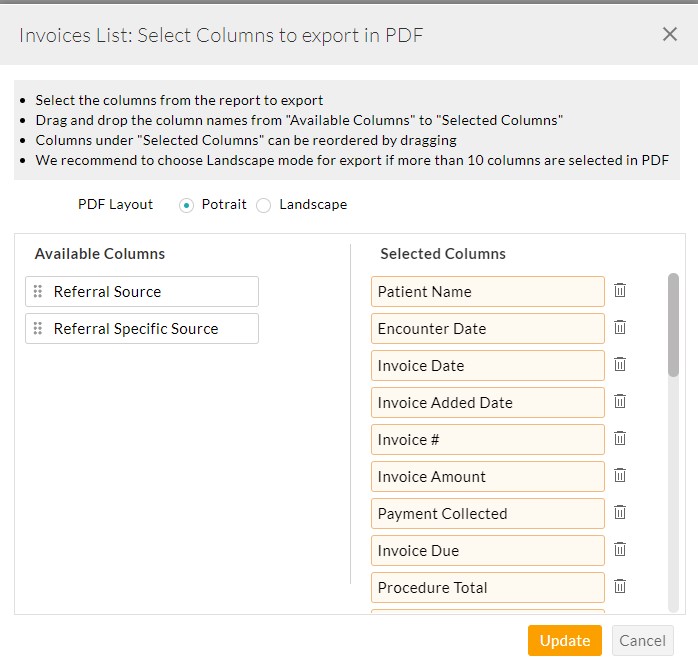 Invoices List Select Columns to Export in PDF