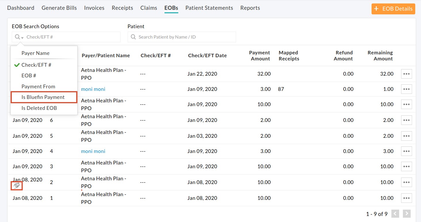 Is Bluefin Payment Option EOBs