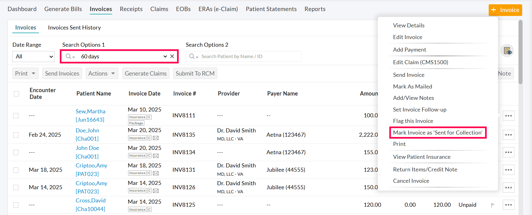 Mark Invoice as Sent for Collection Option