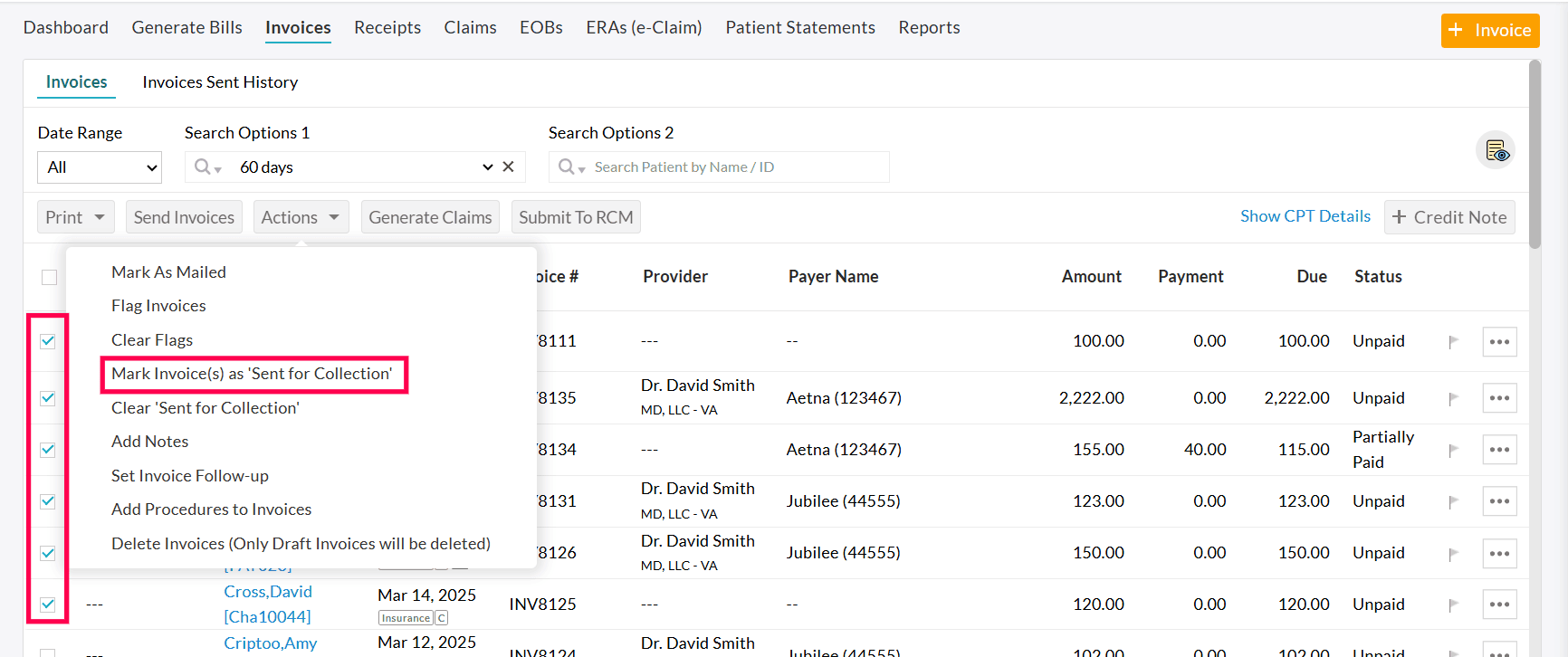 Mark Invoice as Sent for Collection Option