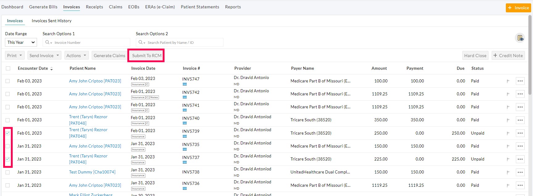 Multiple Invoices - Submit to RCM