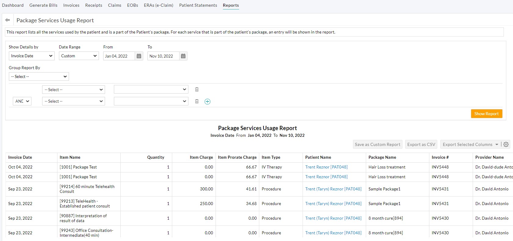 Package Services Usage Report