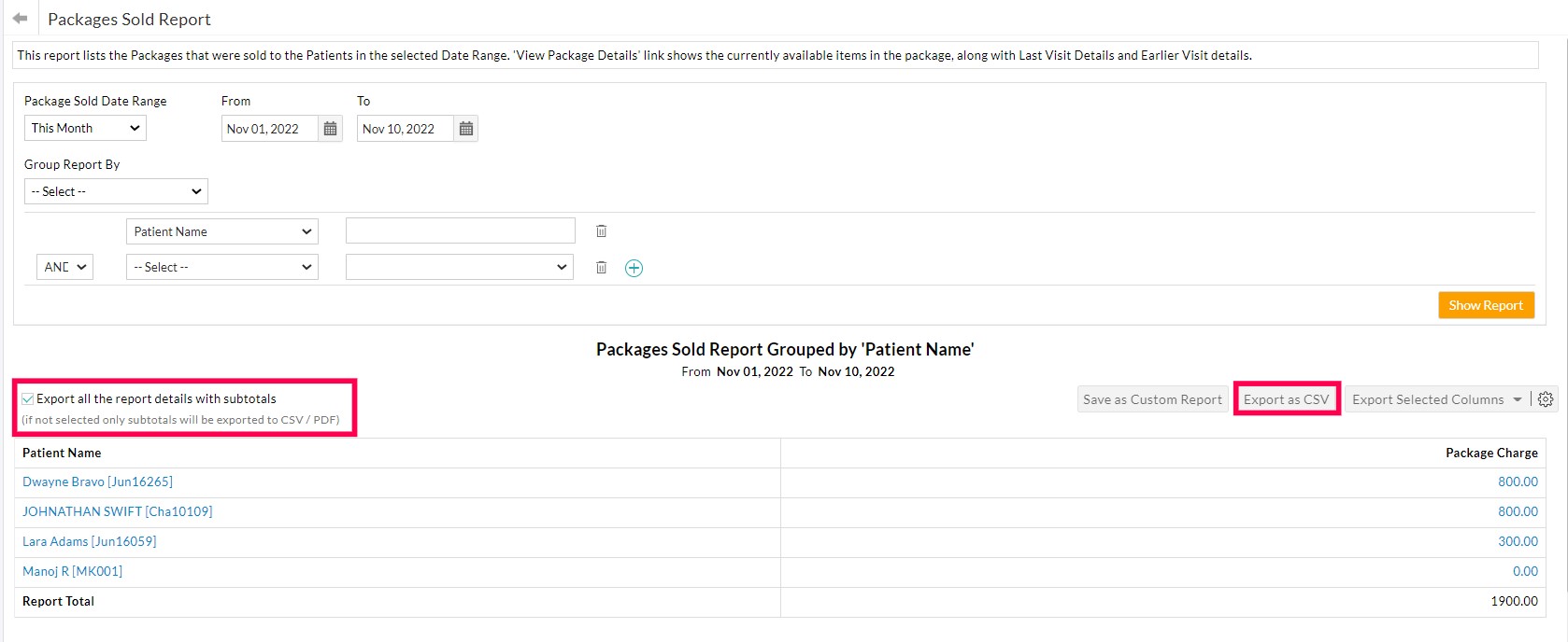 Packages Sold Report