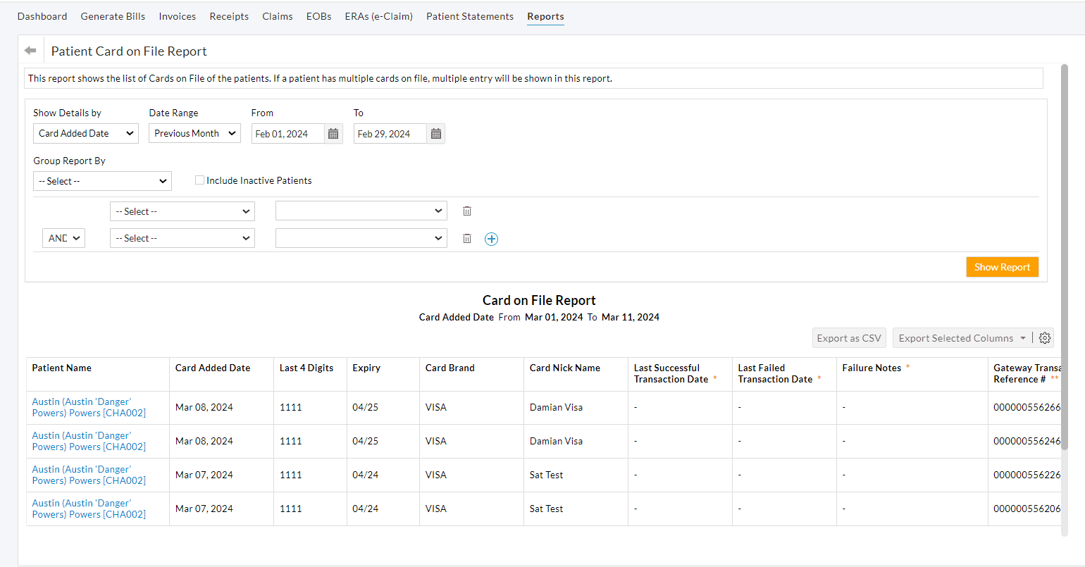 Patient Card on File Report Patient Card on File Report
