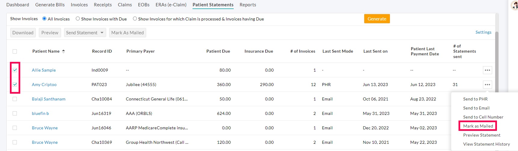 Patient Statements Mark as Mailed Option Patient Statements Mark as Mailed Option